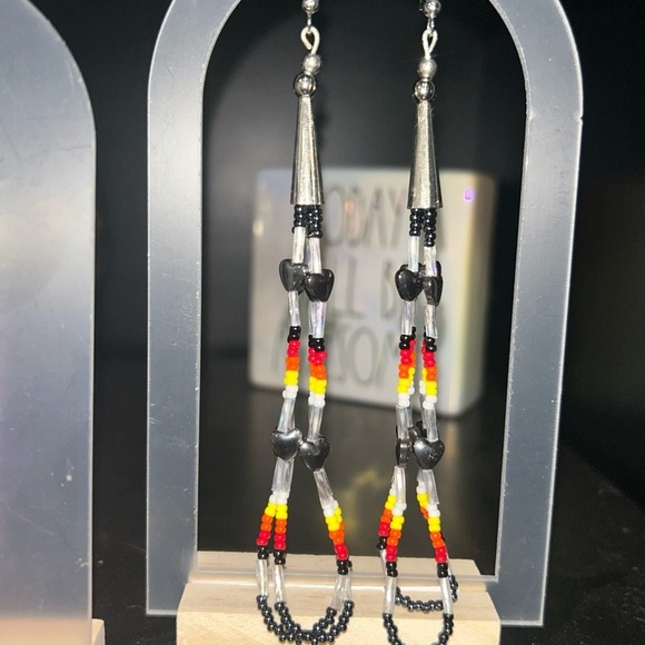 Jewelry - Beaded Dangle Earrings with Black, Red, and Yellow Accents